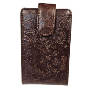 Vintage Tooled Leather Flip Phone Holder – Western Floral Embossed Brown Case